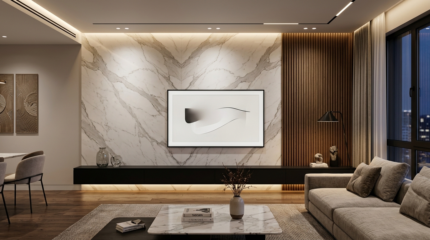 Luxury Living Room and TV Console by Vishwakarma Ji Interiors